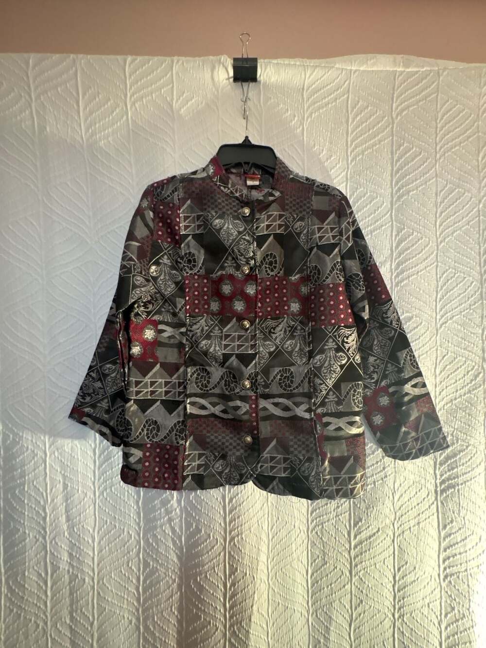 Tudor Court by Haband Patchwork Tapestry Mandarin Collar Button Front Jacket